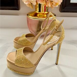 Rene Caovilla - Crystal Gold Platform Heels - New - 38 US
